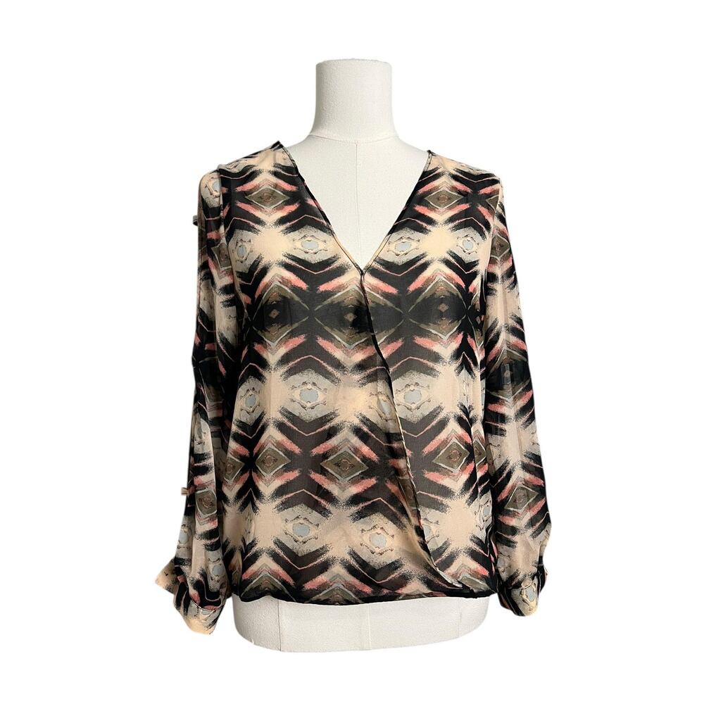 Depri Blouse Womens Medium Beige Geometric Sheer Surplice Slit Sleeve Top